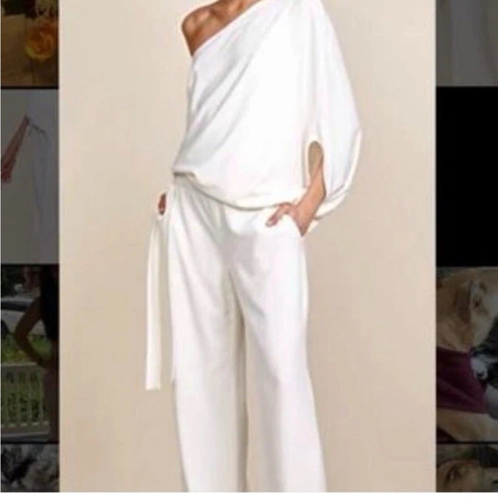 Halston Heritage White Wide Leg Jumpsuit with Asymmetrical Sleeve